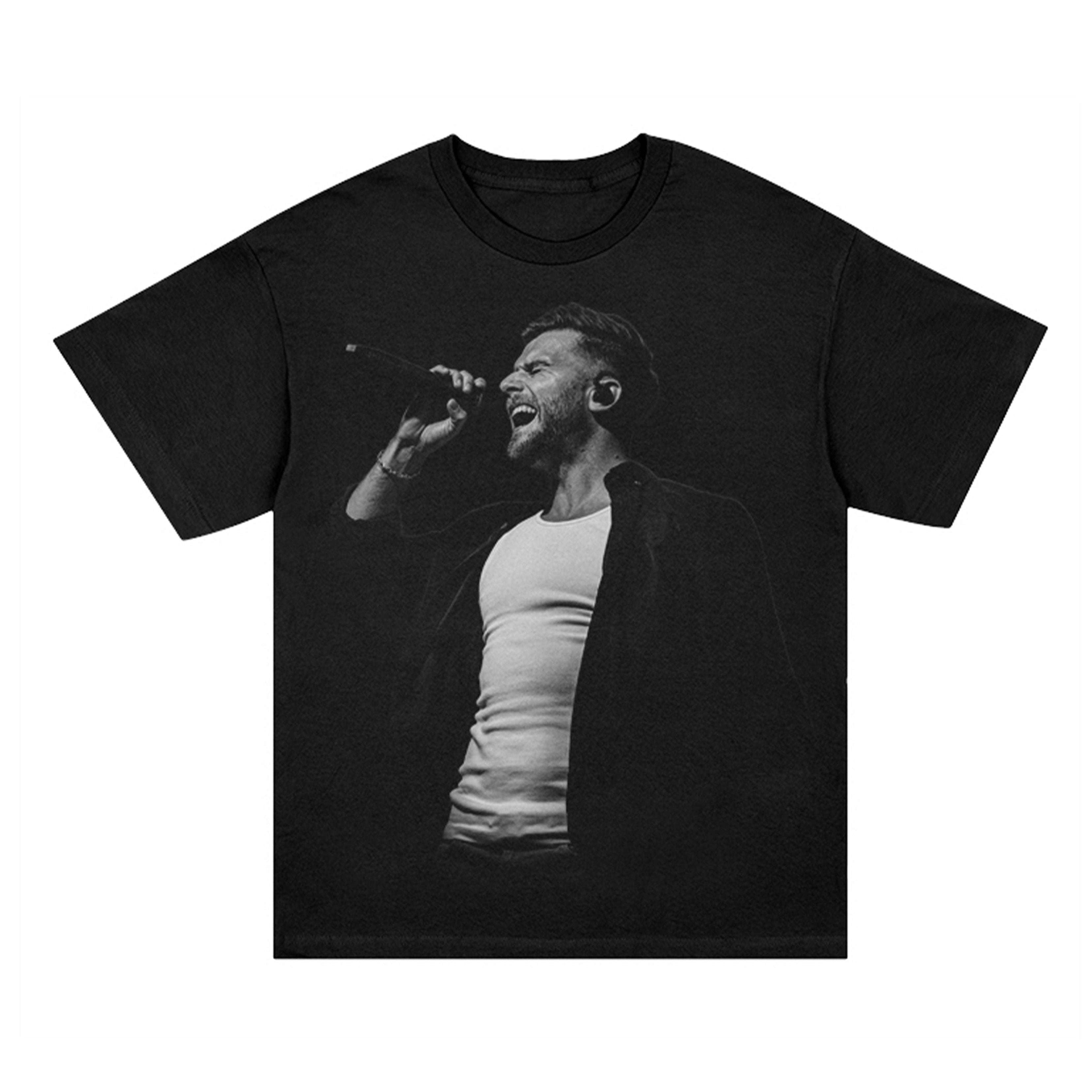 Black t-shirt with a graphic of a CHASE WRIGHT singing on a white background