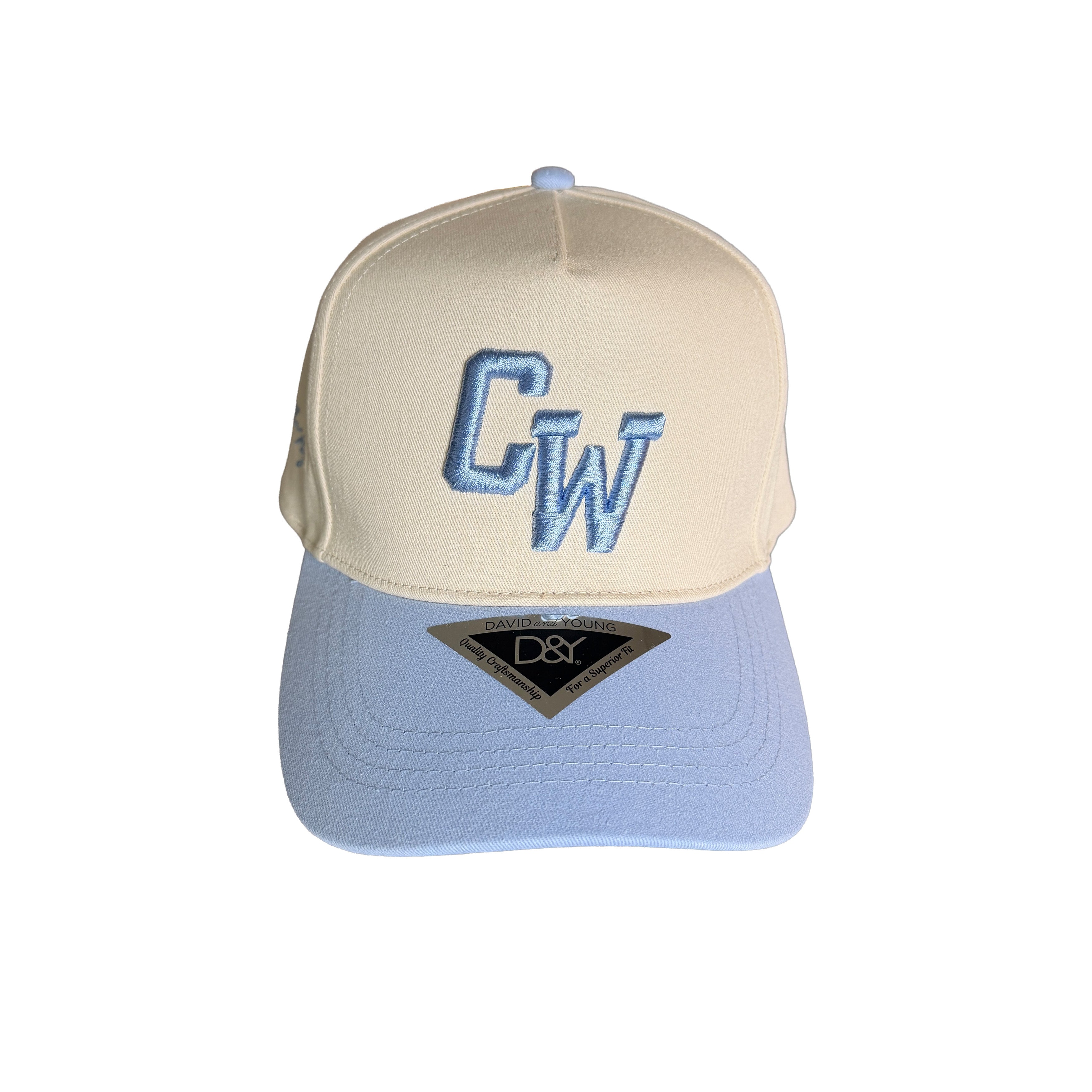 Beige and light blue cap with 'CW' logo on a white background
