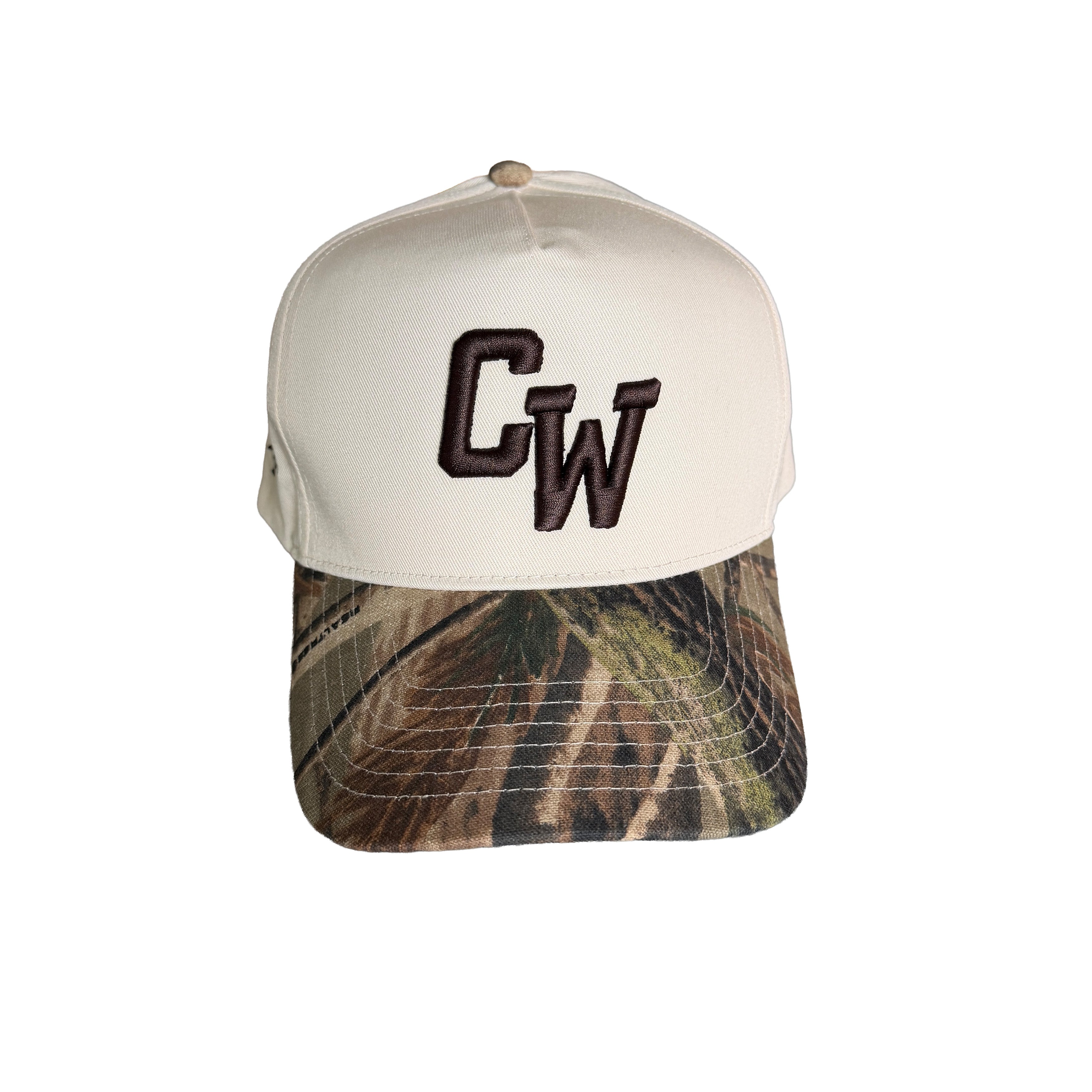 Cap with camouflage bill and white top featuring 'CW' logo on a white background