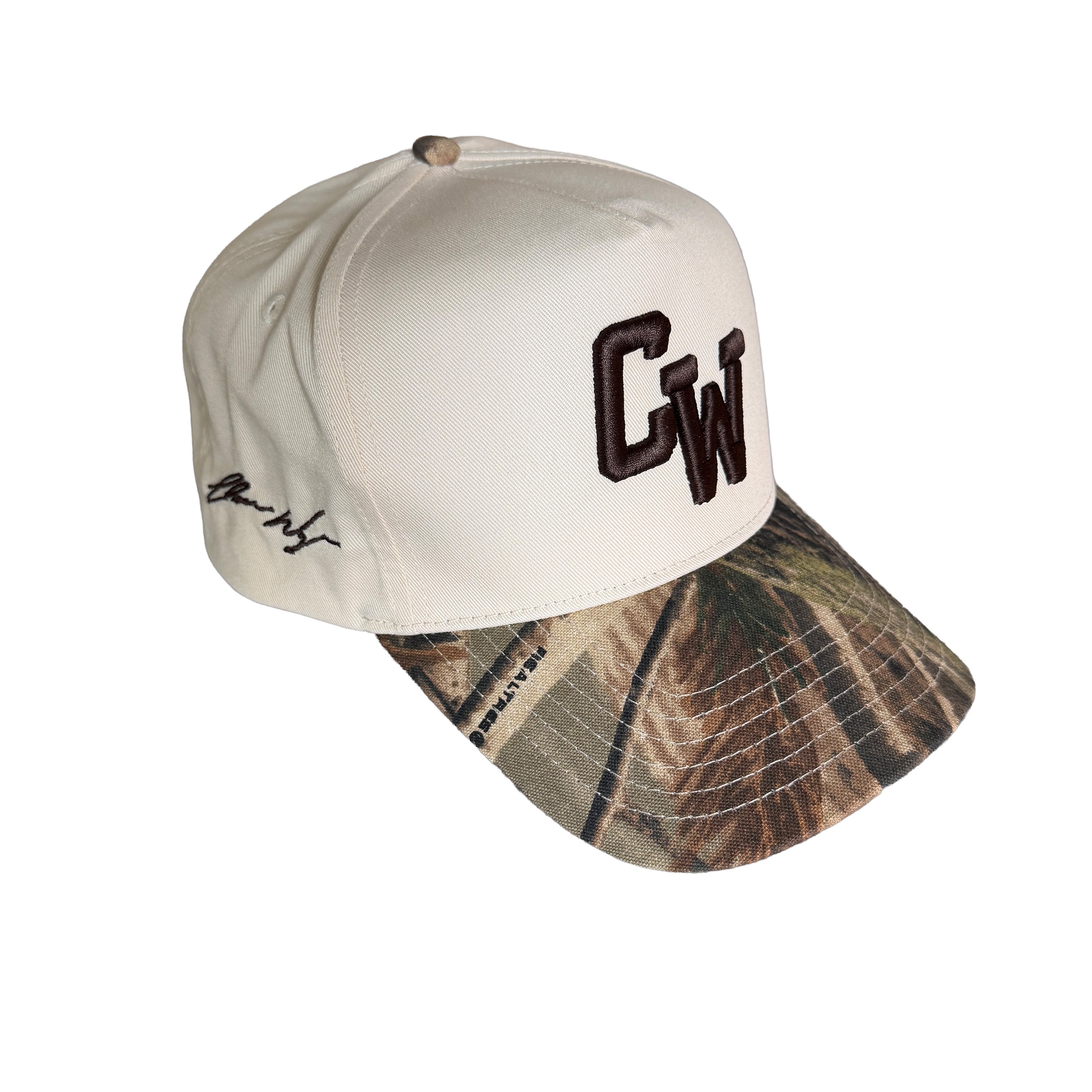 Cap with camouflage brim and 'CW' logo on a white background